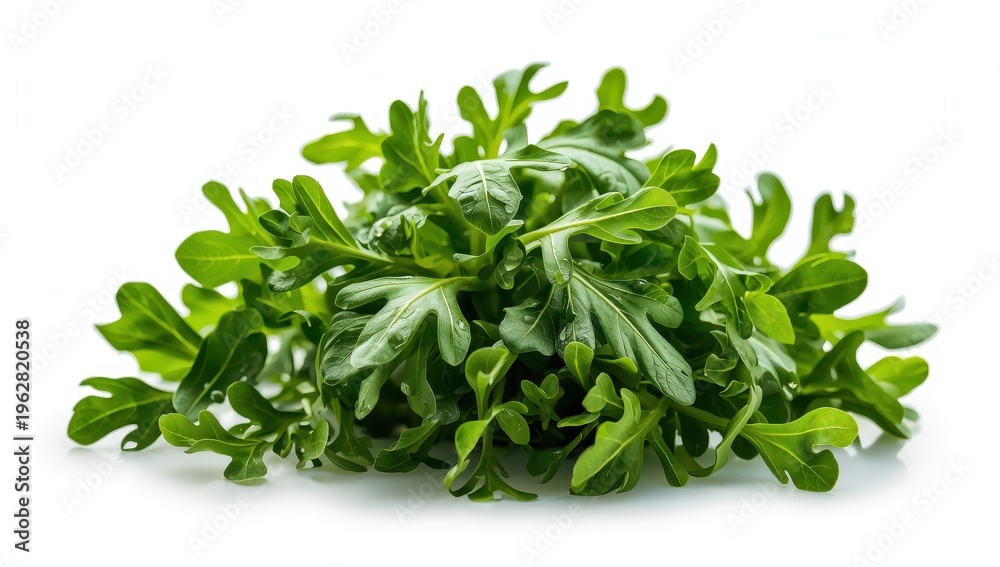 Fototapeta premium Arugula leaves on a white backdrop. Close-up. Cuisine