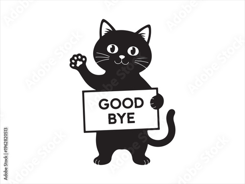 Cute cat silhouette holding goodbye sign vector cartoon animal character isolated on white background