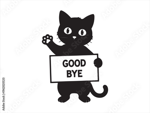 Cute cat silhouette holding goodbye sign vector cartoon animal character isolated on white background
