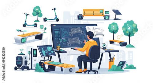 Man working on futuristic sustainable urban transport solutions.