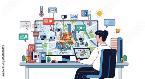 Man working on computer with city map on screen.