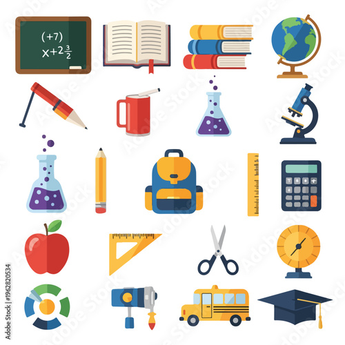Flat vector illustrations of education and school-related objects