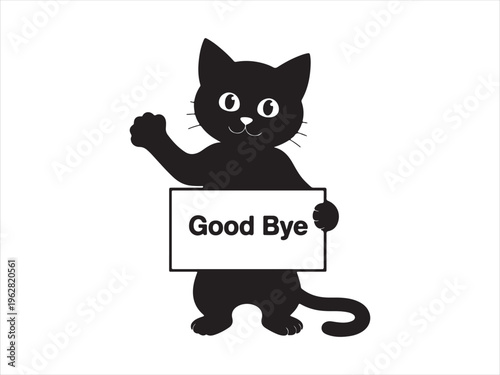 Cute cat silhouette holding goodbye sign vector cartoon animal character isolated on white background