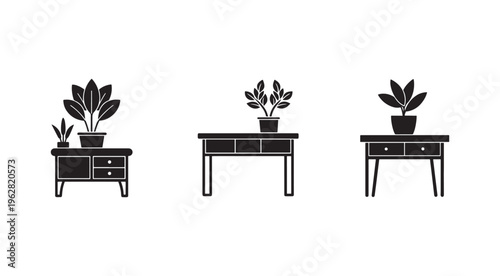 Black and white illustration of three side tables with potted plants on top  furniture and houseplants in a minimalist style