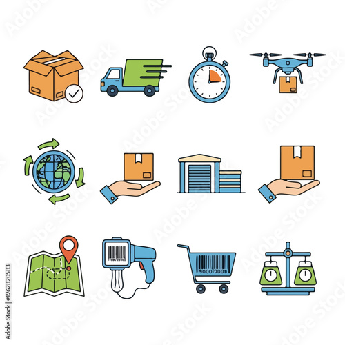 Colorful vector illustrations of various delivery and shopping icons