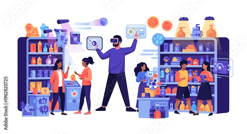 Man wearing VR headset in a futuristic grocery store interacting with holographic displays.