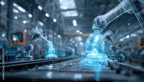 Robotic arms construct a digital human figure on a factory floor with glowing lights
