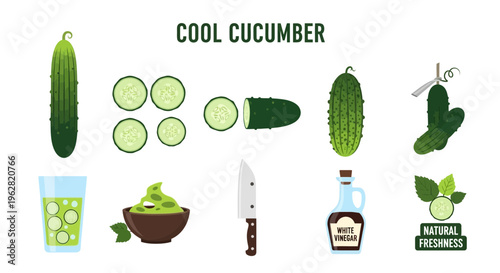 Cucumber slices and refreshing drink ingredients.