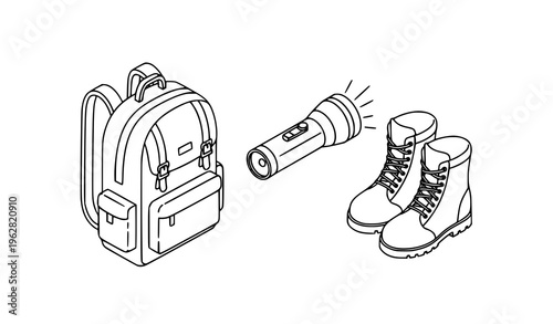 Isometric line hiking camping gear backpack flashlight boots black and white vector set isolated on white background