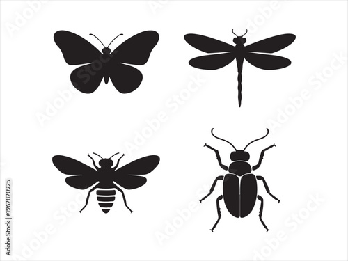 Insects silhouette vector set butterfly bee dragonfly beetle bug icons isolated on white background