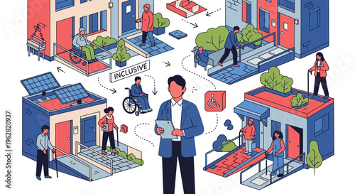 Man standing in front of diverse inclusive community buildings.