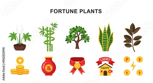 Fortune plants and prosperity symbols.