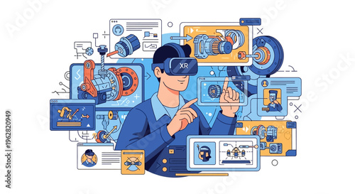 Man Wearing VR Headset Interacting with Digital Interfaces.