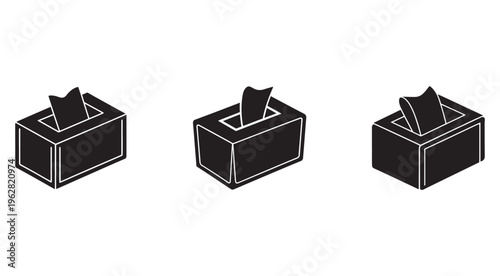 Black and white line art illustrations of tissue boxes in various angles and positions  simple design elements