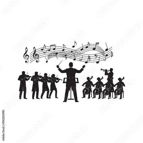 Silhouette Vector Illustration of a Music Conductor Directing a Symphony Orchestra with Swirling Musical Notes and Staff Lines
