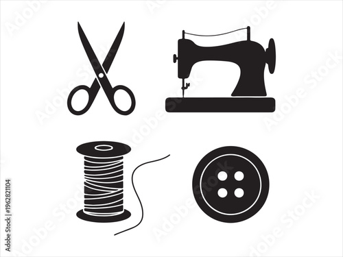 Sewing tools silhouette vector set scissors needle thread button sewing machine tailoring icons isolated on white background