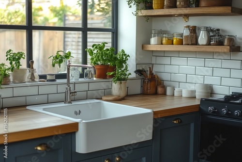 Classic home kitchen interior featuring a washbasin, stove, and minimalist shelves for a timeless and functional design, Generative AI