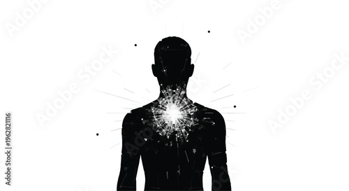 Man silhouette featuring a glowing burst of energy at the core symbolizes the awakening of inner power, spiritual transformation, and the radiant vitality found within the human consciousness.