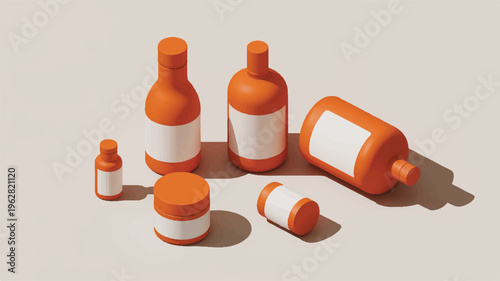 Orange containers and bottles with blank labels for products, isometric perspective, blank label