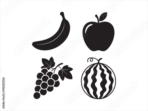 Flat design fruit silhouette icon set. Fruit Icon Set, Banana Apple Grapes Watermelon Silhouettes Healthy Food Collection