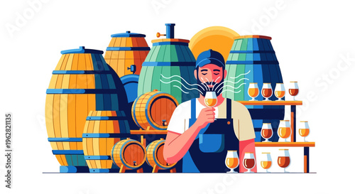 Man tasting beer in brewery with barrels and glasses.