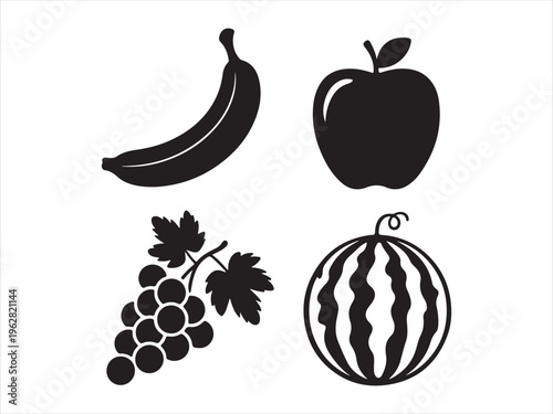 Flat design fruit silhouette icon set. Fruit Icon Set, Banana Apple Grapes Watermelon Silhouettes Healthy Food Collection