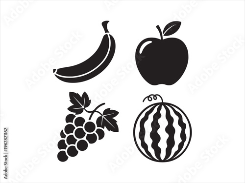 Flat design fruit silhouette icon set. Fruit Icon Set, Banana Apple Grapes Watermelon Silhouettes Healthy Food Collection