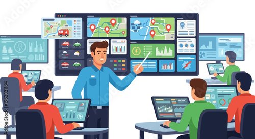 Man teaching group about data on large screen.