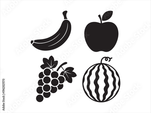 Flat design fruit silhouette icon set. Fruit Icon Set, Banana Apple Grapes Watermelon Silhouettes Healthy Food Collection