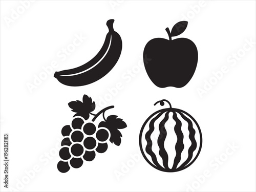 Flat design fruit silhouette icon set. Fruit Icon Set, Banana Apple Grapes Watermelon Silhouettes Healthy Food Collection