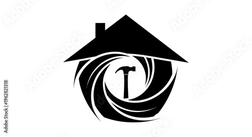 Hammer Inside a Dynamic Swirl Vortex and House Silhouette, Concept of Rapid Home Transformation and Powerful Construction, Modern Renovation and Structural Evolution Illustration