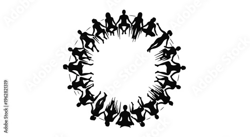 People silhouettes arranged in a circular formation represent the collective harmony and unity found within a global community working together toward shared goals and common positive outcomes.