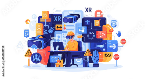 Man wearing VR headset interacting with XR technology interface.