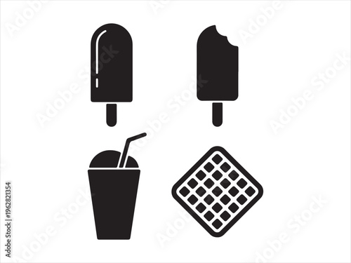 Minimalist black ice cream popsicle drink and waffle icons, Ice Cream and Drink Icon Set, Popsicle Waffle Beverage Silhouettes Food Collection