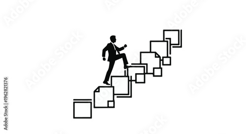 Businessman silhouette climbing a staircase constructed of document pages illustrates the steady progress, career advancement, corporate success, and the strategic pursuit of professional goals.
