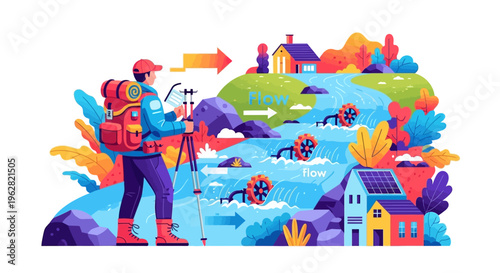 Man with backpack and camera on tripod by river.