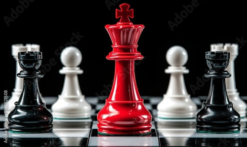 red chess king standing out on a chessboard surrounded by white pieces, symbolizing strategy, leadership, and decision-making, Generative AI