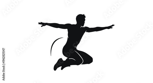 Athlete silhouette captured in mid-air performing a dynamic jump reflects the spirit of freedom, high energy, human potential, and the physical grace associated with peak athletic performance.