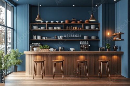Blue cafe interior featuring a bar island and shelf with dishes, with a mockup empty wall for visual customization, Generative AI