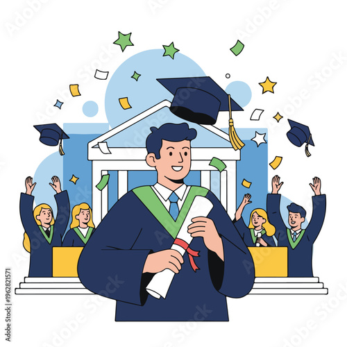 Illustration of a graduate celebrating with classmates, caps, and confetti