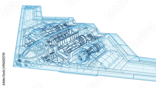 Technical 3D wireframe long-range stealth bomber with x-ray view and translucent blue flying-wing body. Ideal for aviation defense concepts.