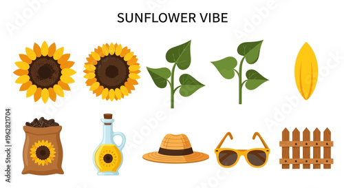 Sunflower icons and objects illustration.