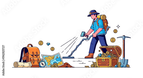 Man with metal detector searching for treasure chest.