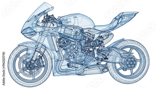 Technical 3D wireframe high-performance sport motorcycle with x-ray view and translucent blue fairings. Ideal for motorsport and engineering concepts.