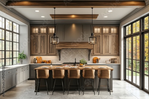 Gray and wooden kitchen interior with an island, designed for both style and functionality in home spaces, Generative AI