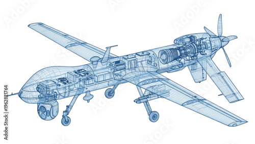 Technical 3D wireframe sophisticated UAV drone with x-ray view and translucent blue fuselage. Ideal for aviation and defense concepts.