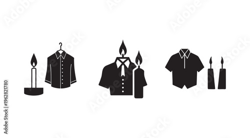 Black and white silhouette icons of shirts and candles on white background  various shirt styles with candles