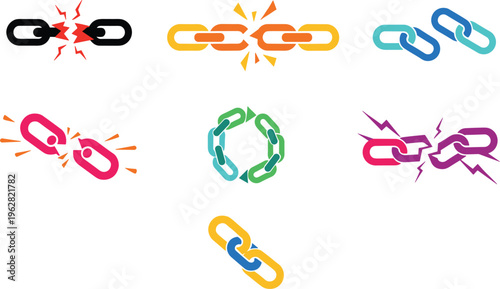 Broken chain vector icon set with linking connection symbols colorful abstract repair and disconnect elements collection isolated