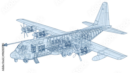 Technical 3D wireframe special operations transport plane with x-ray view and translucent blue high-wing body. Ideal for aviation and defense concepts.