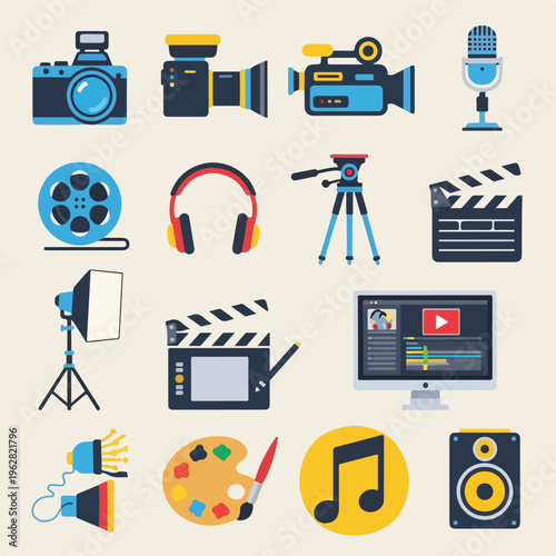 Flat vector illustrations of media production equipment and creative tools
